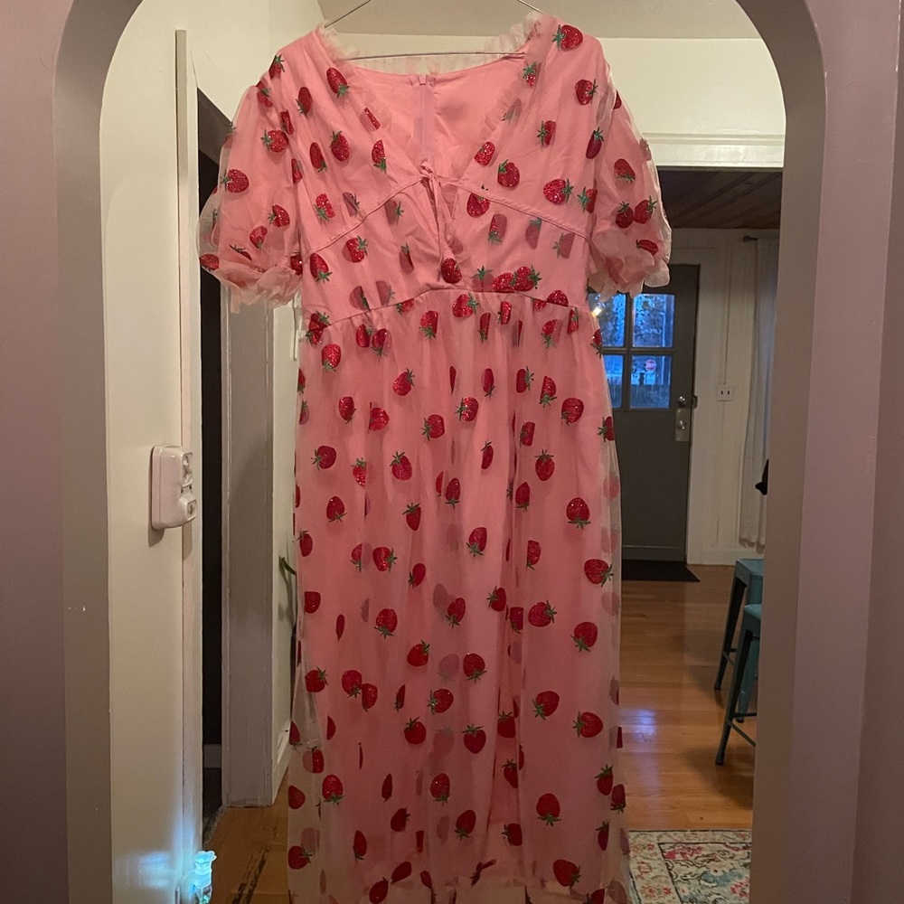 Strawberry pink ruffle midi dress